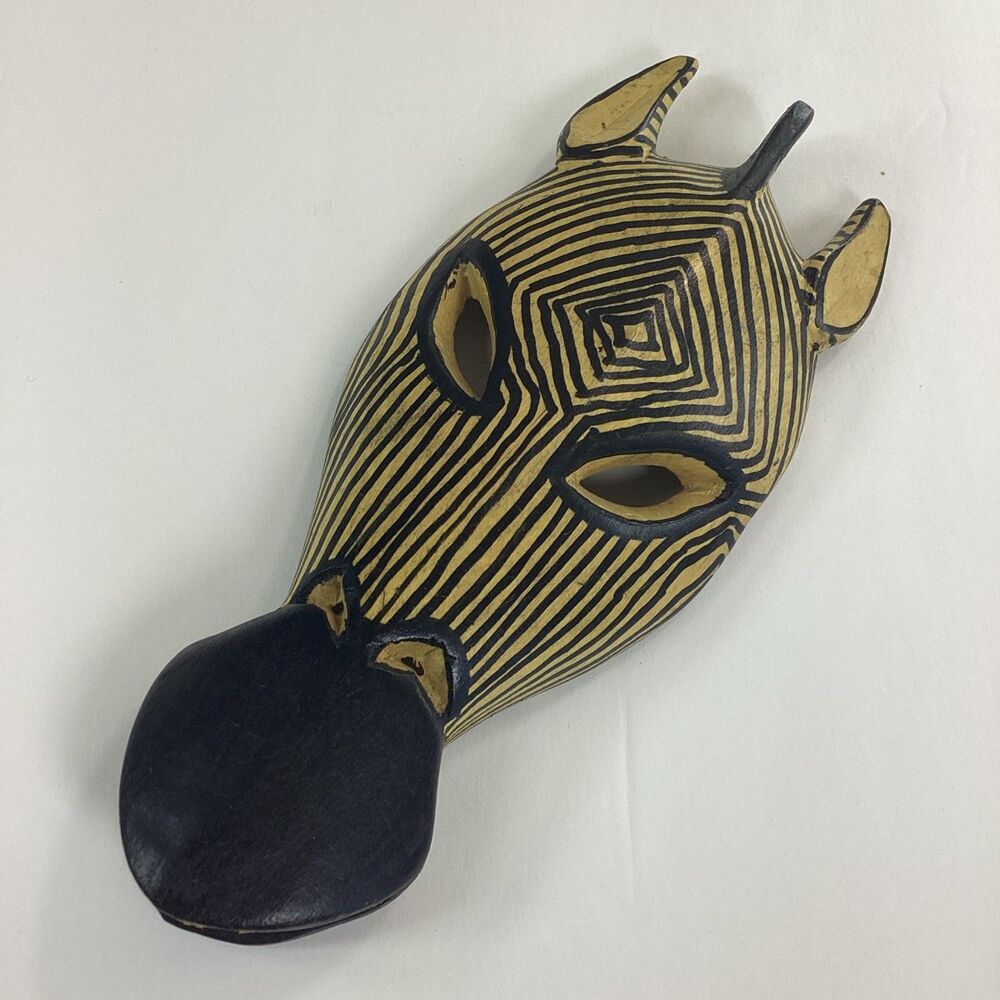 Zebra Head Mask Wood Carved Hand Painted Decor 9"